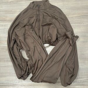 Brown Cropped Zipper Jacket with jogger set